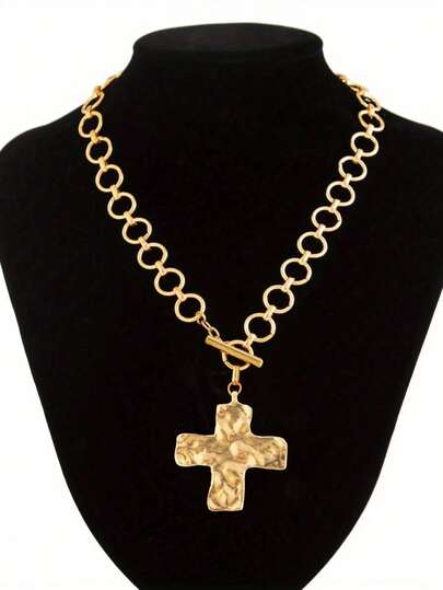 Gehämmertes markantes Kreuz Halskette Set mit dicken Ketten für Frauen und Männer, klobiger goldener und silbriger Statement-Anhänger Halskette, Vintage Ketten Anhänger Schmuck