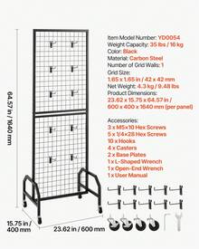 Grid Wall Panel, 1.9 X 5.4 Ft Wire Grid Panels Display Rack, Movable Art Display Shelf With Wheels And 10 Hooks, Black Carbon Steel Gridwall For Craft Show, Decoration, Storage, Notice Board - màu đen - Xem 10