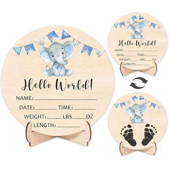 Doppelseitiges hölzernes Neugeborenen Geburtssschild, blaues Elefanten Baby Ankündigungsschild, Elefant "Hallo Welt" Namensschild für das Krankenhaus, Geschenk für neue Mutter Baby Shower, Fotografie Requisite