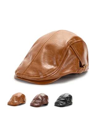 1pc Leopard Print Vintage Textured Black Newsboy Cap, Retro PU Leather Beret Hat, Suitable For Spring, Autumn, Winter, Unisex