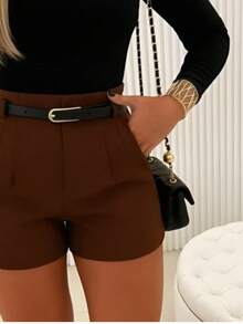 Women's Tailored Shorts With Belt And Side Zipper - Rust Brown - View 2