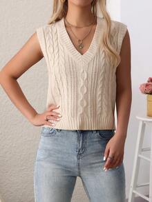 女士休闲纯色扭绳针织背心，日常穿着V领无袖套头毛衣 - 杏色 - 查看 4