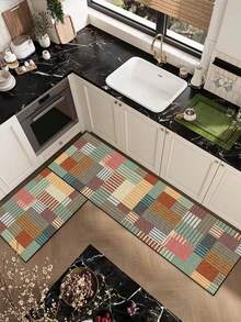 1 件软橡胶厨房地垫，3.5 毫米厚厨房地毯，抽象艺术拼布设计，吸水厨房地垫，可裁剪以适应厨房，表面织物，中间海绵层，底部橡胶层，适用于厨房地毯、厨房装饰、婚礼装饰、家居装饰、浴室地垫、入口地垫、洗衣房地垫、走廊地毯、客厅地垫等。 - 彩色 - 查看 10