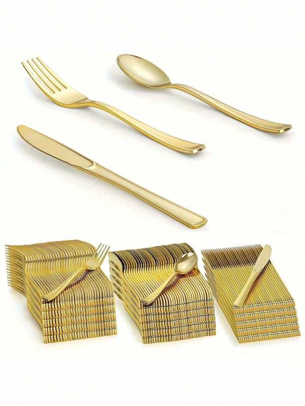 Juego de 75 piezas de cubertería dorada - Juego de cubertería de plástico premium con acabado espejo dorado que incluye tenedores, cucharas y cuchillos, apto para uso doméstico, bodas y restaurantes, apto para lavavajillas