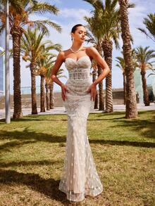 Faeriesty 女士优雅奢华无肩带珠饰闪亮亮片美人鱼晚礼服 – 心形领口，珠饰刺绣 – 完美适用于婚礼招待会、盛大晚宴、新年礼服、夏季度假装扮 - 香檳色 - 查看 2