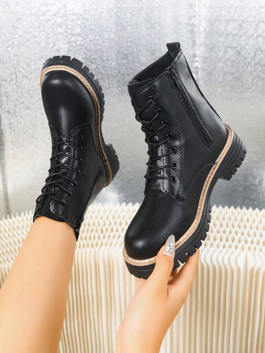 Women's Ankle Boots And Short Boots, Lace-Up Side Zipper Thick-Soled Boots, Combat Boots. Fashionable And Versatile Motorcycle Boots, Black Utility Boots For Spring, Autumn And Winter. Daily Wear Dress Boots For Parties, Banquets, Weddings. Suitable For Pairing With Jeans, Skirts, Leather Pants, Dresses, Leather Jackets, Sweaters, Down Jackets, Hoodies, Leather Jackets, Jackets. - Black - View 1