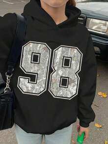 Winter Clothes For WomenTween Girl Casual Hooded Thick Sweatshirt, College Style Numeric & Camouflage Leaf Print, Campus Vibe, Citywalk, Street Atmosphere, Leisure Campus Sports Style, Suitable For Autumn/Winter FallLoose And Comfortablesudaderas De Mujer - 黑色 - 查看 3