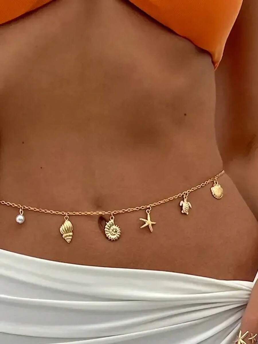 1 pieza Cadena de cintura de metal con estilo oceánico de moda con colgantes de concha, caracol, estrella de mar, tortuga y sol, accesorio casual de vacaciones para mujer - Dorado - Ver 1