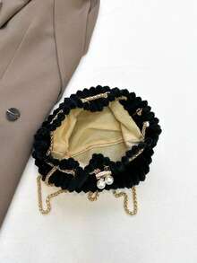 1 pieza Bolso de cubo de pana con cierre de cordón, decoración de metal y perlas, bolso bandolera/cruzado para lápiz labial, bolsa de regalo de moda adecuada para mujeres para fiestas, eventos y uso diario