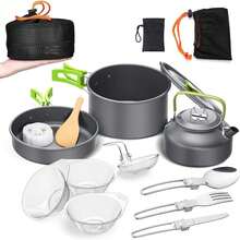 Kit de Cocina Camping Portatil, Cubiertos Plegables Camping para 2-3 Personas, con Ollas Ligeras Antiadherentes,Sartenes con Bolsa de Almacenamiento Mochileros,Cocina al Aire y Picnic - 1 - Ver 9