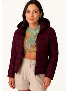 Chamarra Chaqueta Acolchada para mujer Informal con Capucha Peluche Interno con Cremallera y Bolsillos, de Largo Regular y Manga Larga Moda - Vino - Ver 5