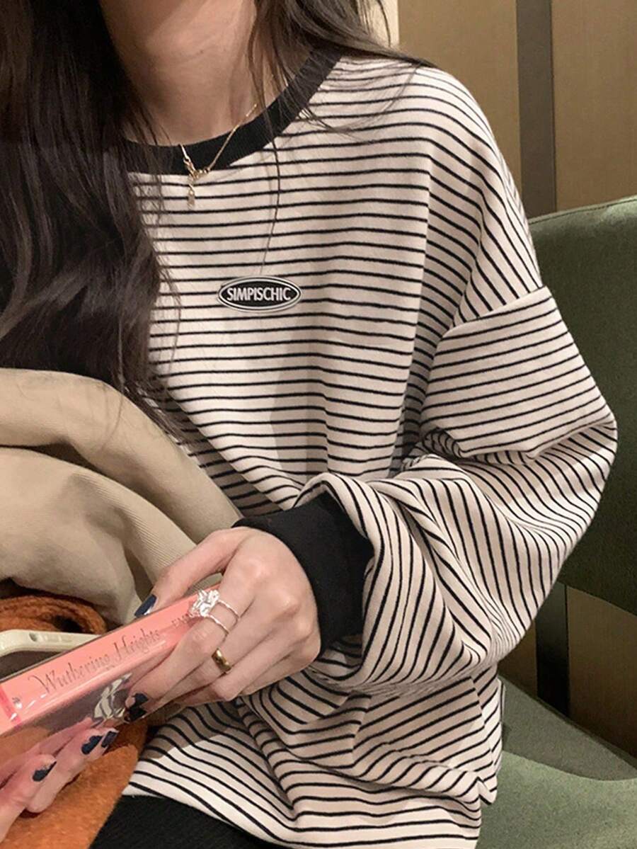 Early Autumn Color Block Letter Print Long Sleeve Casual Commuter Top T-Shirt - Apricot - View 1