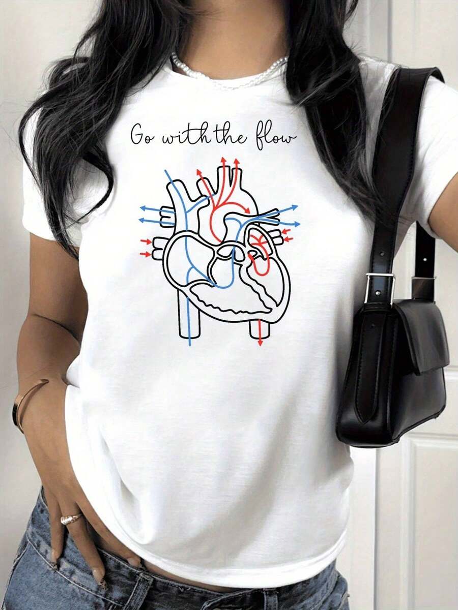Talla Grande - Talla Grande - Talla Grande, Camiseta Gráfica de Corazón y Circulación para Mujer - Camiseta Blanca de Cuello Redondo con Diseño de Latido de Corazón Azul/Rojo - Ropa Casual para el Día a Día - Top Suave para Enfermeras, Médicos, Pacientes - Ajuste Cómodo para Todas las Estaciones, Ropa de Enfermera, Camiseta con Estampado de Lema, Tejido Transpirable, Camiseta de Manga Corta, Trabajadores de la Salud, Camiseta de Banda para Mujer, Camiseta con Nota Solar, Top Musical par