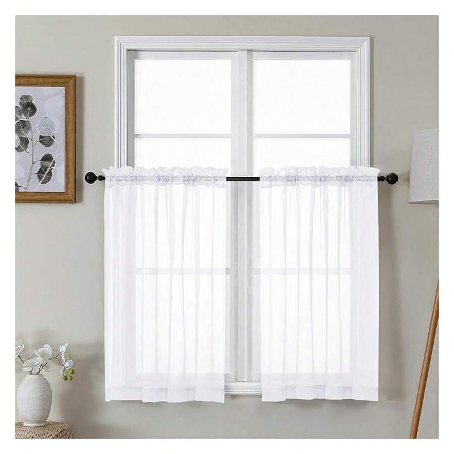White Sheer Kitchen Curtains 36 Inch Length, Light Filtering Voile Soft Airy Small Cafe Curtains, Short Window Curtain For Bathroom Basement, 42x36 Inch, 2PCS - Multicolor 153 - View 1