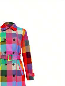 [Construcción Duradera] Abrigo de Trinchera con Estampado de Cuadros Coloridos para Mujeres con Cinturón - Elegante Abrigo de Manga Larga, Botones en el Frente, Poliéster Lavable a Máquina, Diseño de Cuadros Vibrante, Perfecto para Atuendos Casuales o Elegantes - Color mixto - Ver 5