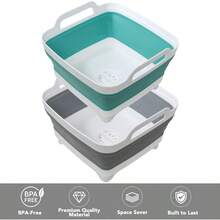 2 Pack Dishpan For Washing Dishes 2.4Gal/9L Wash Basin With Draining Plug Carry Handles Collapsible Bucket For Cleaning Portable Sink Foldable Plastic Tub - 綠色與灰色 - 查看 4