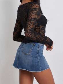 Women's Y2k Floral Lace Crop Tops Long Sleeve Square Neck See Through Mesh Shirt Fairy Grunge Going Out Blouse Clubwear Coquette Aesthetic Clothes - 黑色 - 查看 6