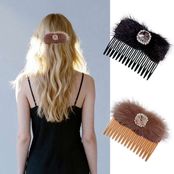 2pcs Mink Hair Comb With Rhinestones, Elegant Hair Accessory For Bangs And Flyaways, Headpiece, Haircomb, Side Comb