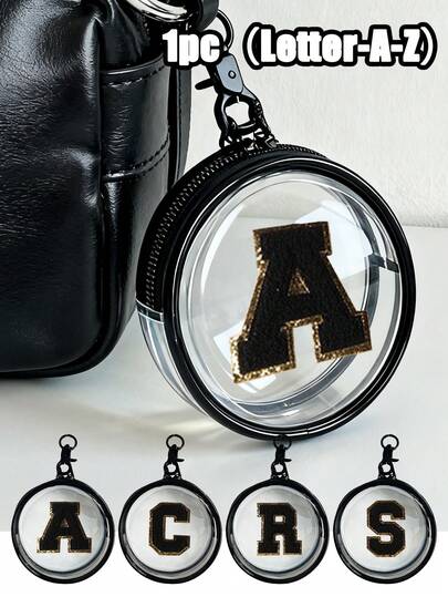 Portable Mini Transparent Zipper Storage Bag ,Covered With Black Towel Embroidered Letters A-Z Pattern,Waterproof Medicine Storage Bag, Essential Medicine Storage Bag For Rainy Days, Couple Bag Pendant, Meaningful Gift, Multifunctional Storage Bag, Keychain Headphone Charging Case, Transparent Travel Accessories