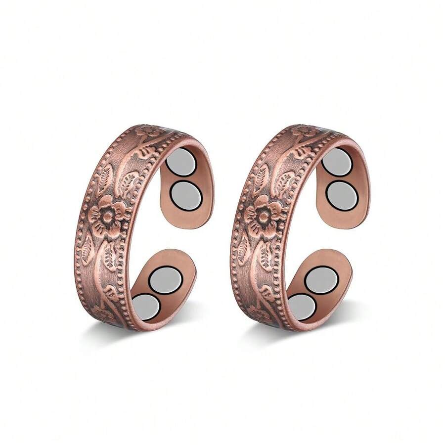 Jecanori Copper Rings For Women, Pure Copper Magnetic Lymphatic Drainage Rings{Inchcolor_nameinch:InchCopper-Flower(4Magnets)Inch} - 銅花(4塊磁鐵) - 查看 1