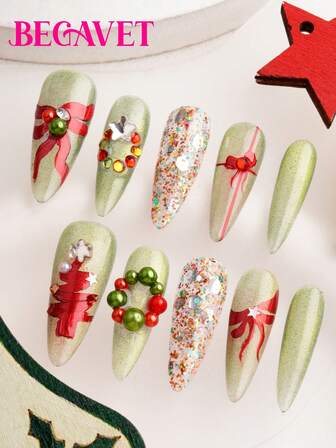 BEGAVET 10 件手工沙龙品质圣诞按压指甲超长独家设计 3D 指甲带 3D 饰物，适合派对/音乐节和日常佩戴
