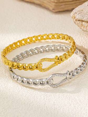 1pc Luxury Horseshoe Buckle Zirconia Bracelet, Minimalist & Versatile Smooth Bangle, European & American INS Style