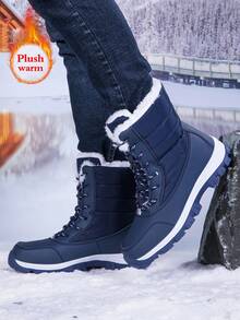Men's Casual Snow Boots, Hiking Shoes, Outdoor Shoes, Warm Anti-Slip Wind-Resistant High-Top Lace-Up Boots With Fluffy Lining, Suitable For Outdoor Walking, Running, Hiking, Autumn/Winter Season - Blue - View 3
