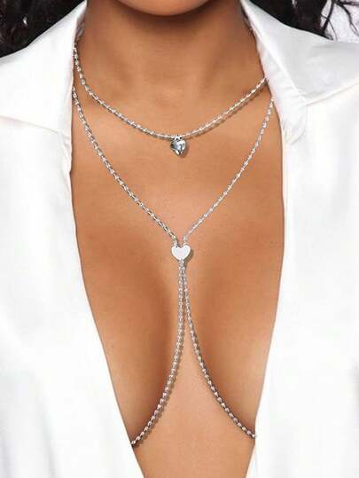 1pc Silver Double Heart Pendant X-Shape Chest Chain, Sexy Fashion Crystal Body Chain, Suitable For Party, Celebration