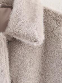 女士休闲短款仿毛领夹克，冬季保暖长袖外套，带口袋 - 米灰色 - 查看 5