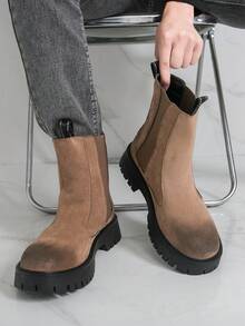 厚底德比靴，时尚靴筒靴，仿麂皮衬里，摩托车靴情侣款，棕色 - 棕色 - 查看 2