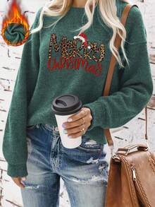 Merry Christmas Print Women's Casual Fashion Warm Faux Knit Top, Casual Long Sleeve Drop Shoulder Pullover, Autumn/Winter Basic Loose Warm Top, Outing Top - Green - View 4