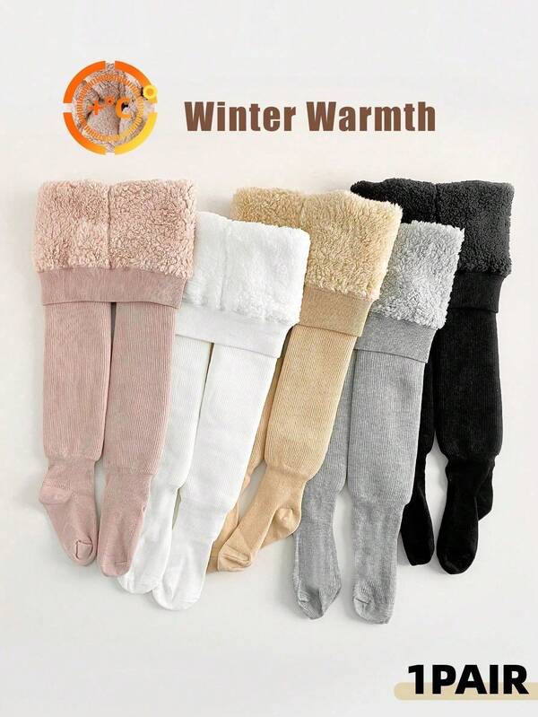 1PAIR Thick Thermal Lined Tights For Girls, Baby Toddler Tights Socks, Newborn Solid Color Opaque Leggings, Winter