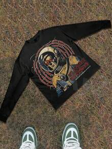 Y2k Astronaut Art Punk Long Sleeve Shirts ,Sky Double-Sided Printing,Christmas Style Graphic T Shirt Cotton,Fashionable Hip-Hop For Men -  Long Sleeve T-Shirts, Funny Vintage Shirts,Regular Fit, Street Style, Digital Print,  Ideal Gift - 黑色 - 查看 4