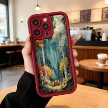 Cubierta de telefono con borde negro diseño bosque encantado con animales y arboles coloridos para uso diario en cafeterias y espacios interiores Aplicable a los teléfonos de la serie Apple y Galaxy - Café integral - Ver 5