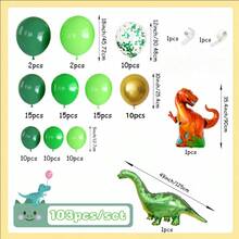 Zestaw 103 łuków balonowych z motywem dinozaurów, zawiera balony foliowe z motywem tyranozaura i brachiozaura w połączeniu z zielonymi balonami, idealne na urodziny dla dzieci o tematyce prehistorycznych dinozaurów, baby shower, szkolne wydarzenie, wystrój na zewnątrz, ceremonię ukończenia szkoły