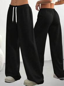 1pc Black Loose Fit Drawstring Design Casual Wide Leg Pants, Suitable For Outdoor Sports, Daily Wear In Summer & Autumn, Great Gift For Girlfriend Back To School Season