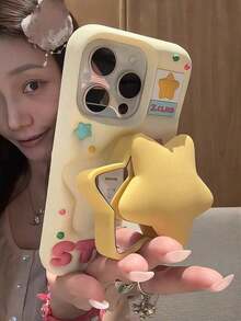 Valentines Cute Cartoon Flip Mirror Vintage Phone Compatible With 15, Compatible With 14/13 Pro/12/11, Silicone Material, Internal Mirror (Please Remove Protective Film Before Use) Waterproof Shockproof Anti-Fall Scratch Resistant - 黃色 - 查看 7