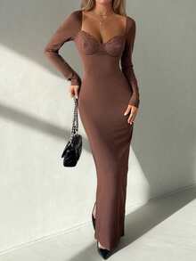 Women's Solid Color Fitted Long Sleeve Lace Dress - Brown - View 5