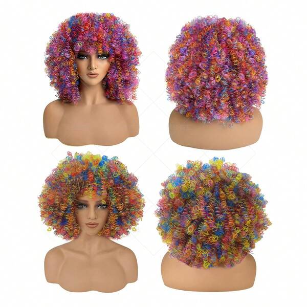 Full-Head Colored Wigs, Holiday Costume Cosplay, Retro Rock Wigs, Colorful Afro Small Curly Holiday Performance Wigs, World Cup National Flag Color Fan Wigs