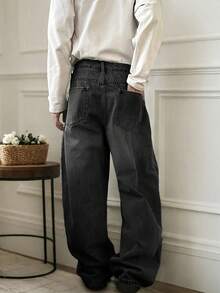 1pc Loose Washed Denim Casual Pants, Y2K Retro Style Men's Black Vintage Washed Loose Pants, Oversized, Stacked - 黑色 - 查看 2