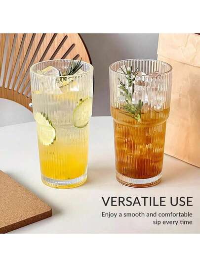 1pc,Striped Glass Cup With Straw And Lid - 20.29oz/600ml, Visually Appealing Glass Drinking Tumbler Suitable For Coffee, Tea, Whiskey, Milk, Iced Americano And Latte Drinks, Drinking Glass