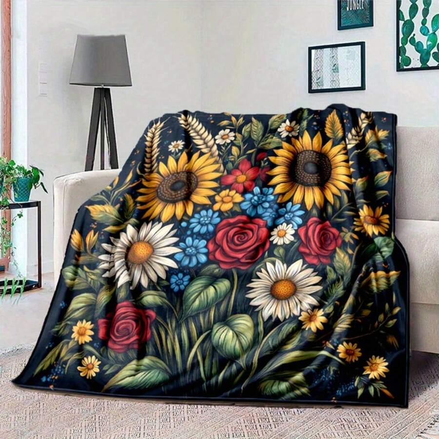 Cozy Sunflower Bouquet Throw Blanket - Soft, All-Season Polyester For Bed, Sofa, Office Chair & Outdoor Use - Perfect Christmas Gift - As the Picture - View 1