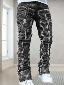 Jeans casuales con parches en los bolsillos y dobladillo deshilachado para adolescentes - Negro - Ver 2