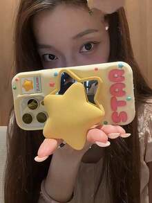 Valentines Cute Cartoon Flip Mirror Vintage Phone Compatible With 15, Compatible With 14/13 Pro/12/11, Silicone Material, Internal Mirror (Please Remove Protective Film Before Use) Waterproof Shockproof Anti-Fall Scratch Resistant - 黃色 - 查看 6