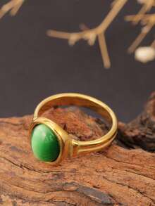 1pc Vintage 18K Gold Plated Stainless Steel Oval Cat Eye Stone Ring, Suitable For Festivals, Parties And Daily Wear - Gold Oval Synthetic Cat's Eye Ring - View 6