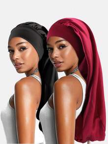 2pcs Women's Long Hair Satin Sleep Cap Hair Bonnets, Women's Silk Satin Wide-Brim Hair Caps, Suitable For Daily Wear And Sleeping, All Seasons Sleep Bonnet - Multicolor - View 20