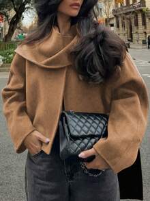 Women's Simple Elegant Solid Color V-Neck Long Sleeve Short Overcoat, Suitable For Autumn/Winter Daily Wear, Commuting, Elegant Casual Versatile, Can Be Paired With Scarf As Loose Outerwear - Light Brown - View 4