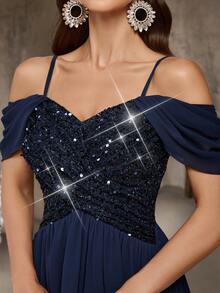 QOQ 简约别致雪纺正式礼服，闪亮亮片，适合鸡尾酒会、晚宴、生日派对、婚礼宾客、舞会等场合，露肩修身长裙 - 藏蓝色 - 查看 7