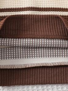 女婴时尚可爱彼得潘领手工花卉条纹运动衫和棕色松紧腰针织喇叭裤套装，秋冬 - 咖啡棕 - 查看 6