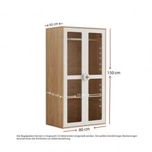 Children's Wardrobe With 2 Glass Doors, 80x50x150 Cm, With Hanger And Adjustable Shelves, Biscuit-Shaped Wooden Handles, White And Natural Wood, Lacquered Panels - White - View 9